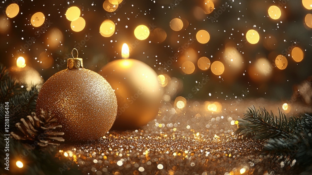 Golden Christmas Ornament Candle And Lights Festive Scene