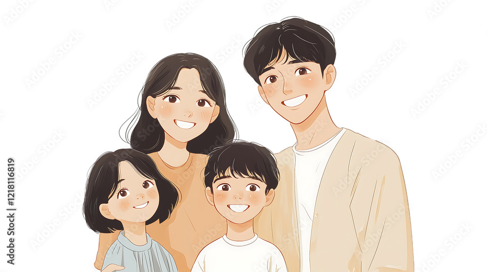 Happy Asian Family Portrait Mom, Dad, Daughter, Son Illustration isolated on transparent background Happy Asian Family Portrait Mom, Dad, Daughter, Son Illustration isolated on transparent background