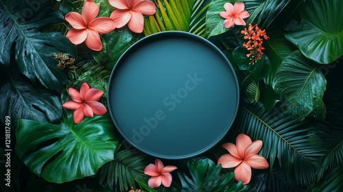 Wallpaper Mural Teal Tray Surrounded by Lush Tropical Flowers and Leaves Torontodigital.ca