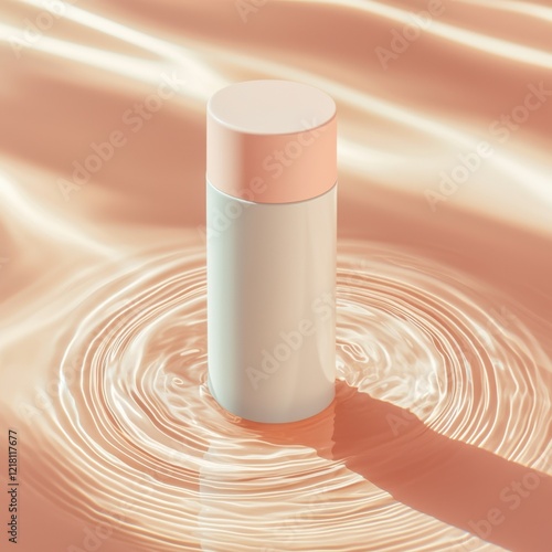 Advertising sunscreen packaging mock up concept. Minimalist skincare bottle on a serene water surface background