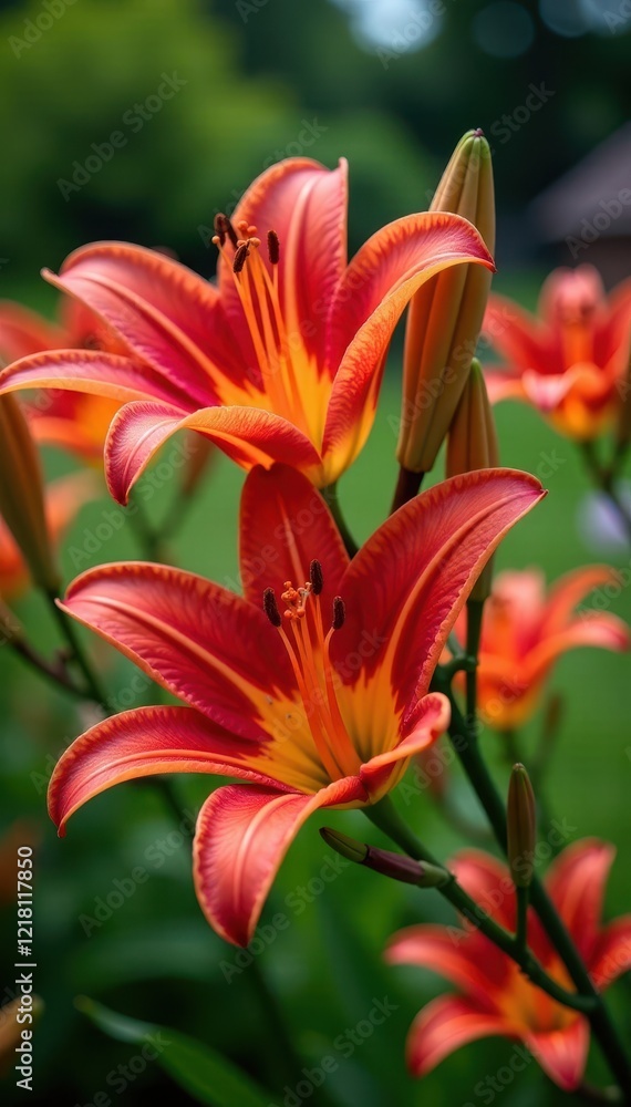 Summer garden blooms with bright red lily flowers, flower garden, garden flowers, blooming flowers Summer garden blooms with bright red lily flowers, flower garden, garden flowers, blooming flowers