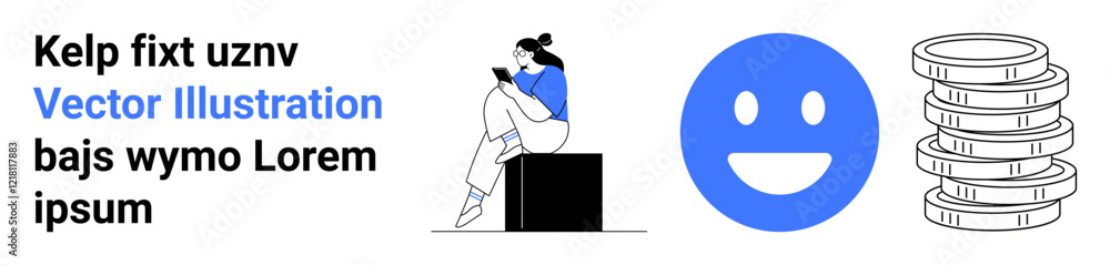 Woman sitting and reading a book, large blue happy face, and stack of coins. Ideal for education, finance, happiness, technology, information design and content creation. Landing page Woman sitting and reading a book, large blue happy face, and stack of coins. Ideal for education, finance, happiness, technology, information design and content creation. Landing page