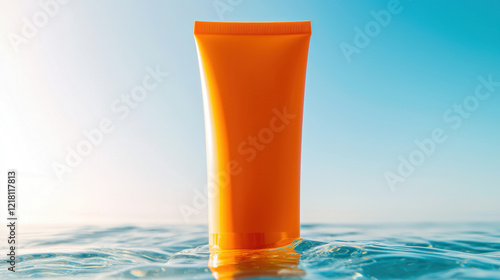 Advertising sunscreen packaging mock up concept. Sunscreen tube floating in clear water under a bright sky