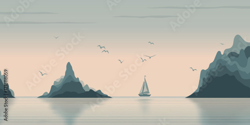 Minimalistic seascape, sea sunset, yacht and rocky island, vector illustration	
