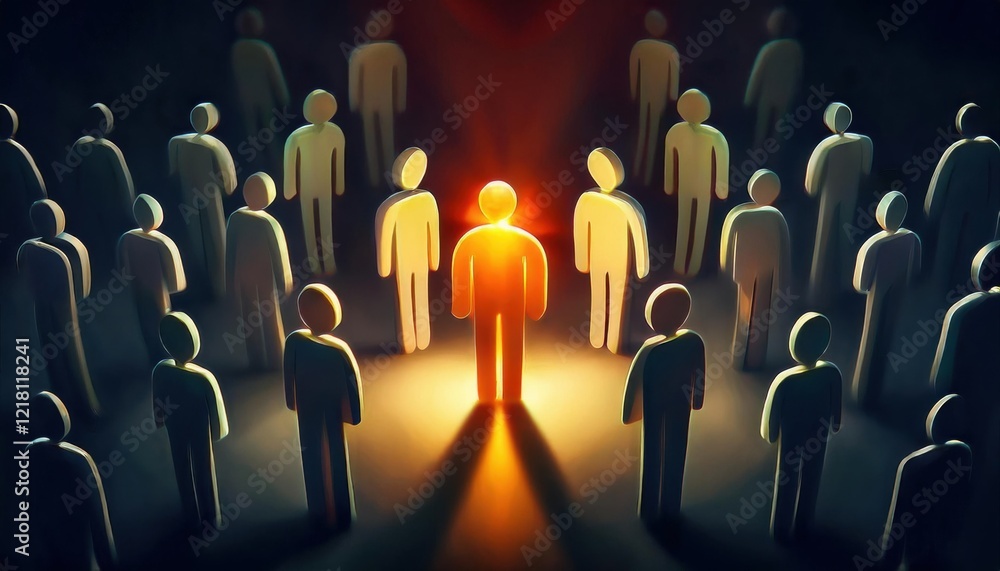Fototapeta premium Crowd of figures with one illuminated in the center radiating light