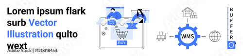 Two individuals interacting with a digital shopping cart interface displaying a buy button. Connected warehouse management system gear, buildings, globe, and buffer text. Ideal for e-commerce