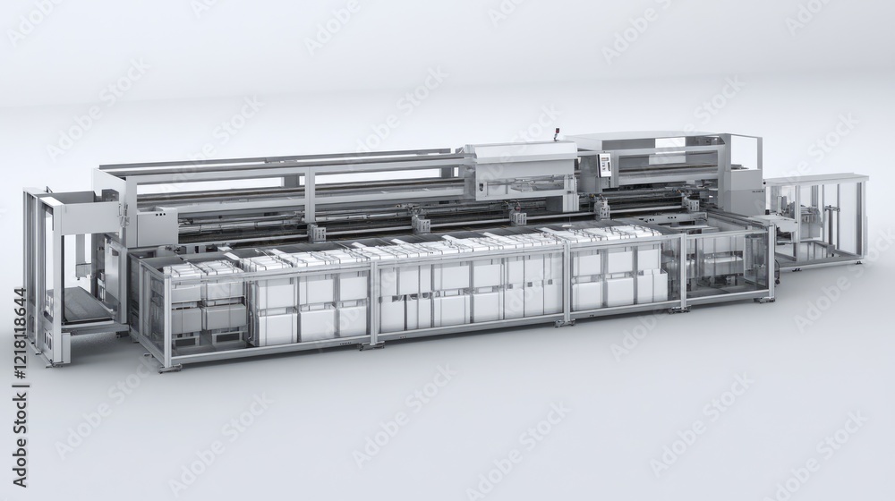 Automated packaging line in factory; product boxes moving; white background; industrial manufacturing process Automated packaging line in factory; product boxes moving; white background; industrial manufacturing process
