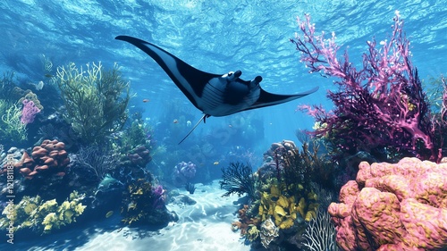 A dynamic underwater scene featuring a large manta ray swimming over a coral bed, photorealistic
 photo