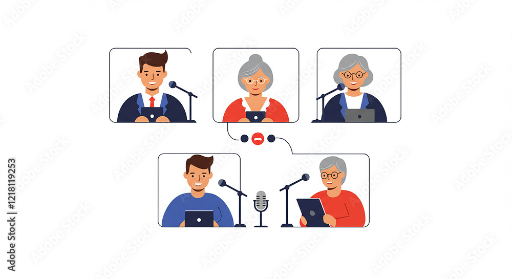 Online Panel Discussion Diverse Group Video Conference Meeting with Microphones and Tablets Online Panel Discussion Diverse Group Video Conference Meeting with Microphones and Tablets