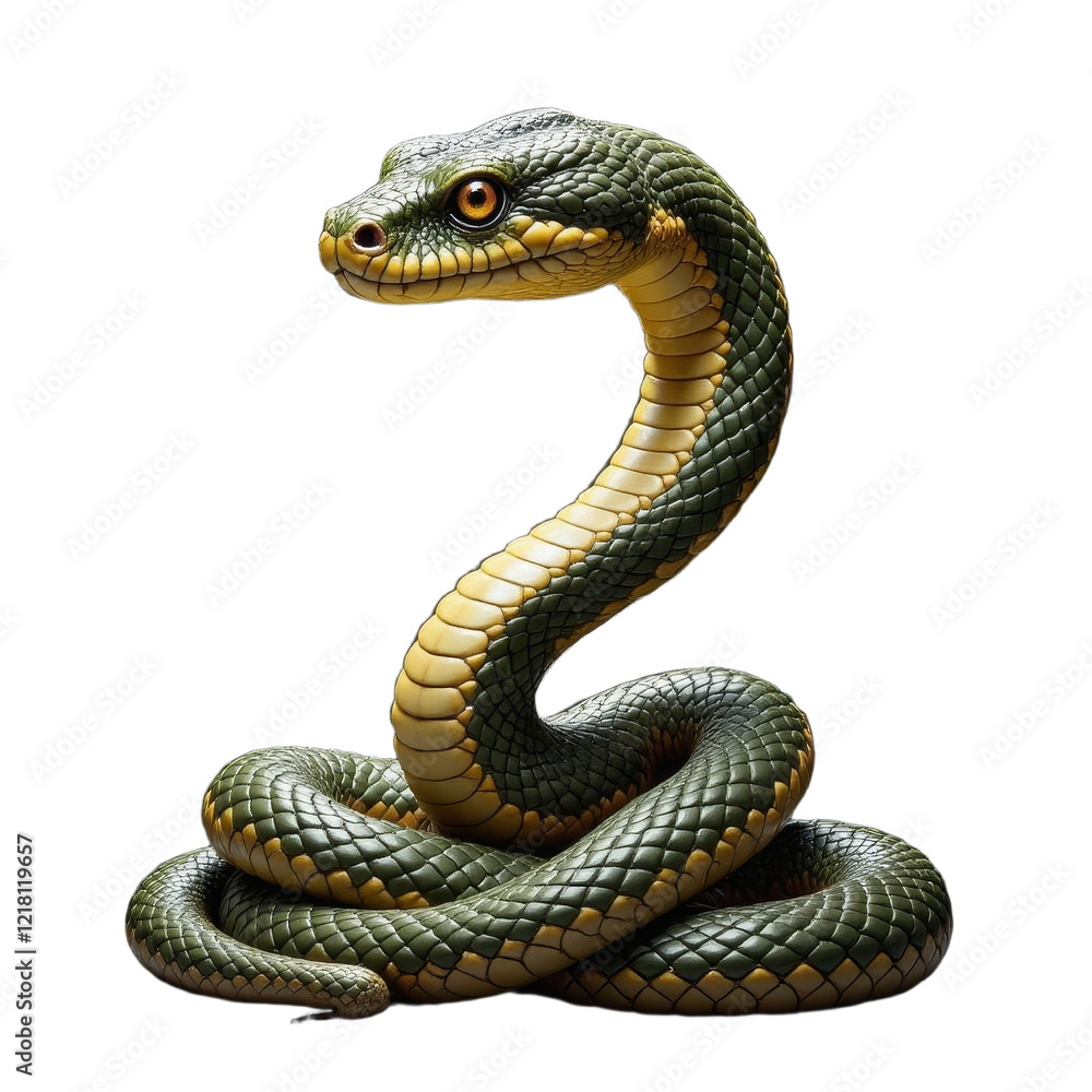 Obraz premium Green and yellow snake coiled with transparent background
