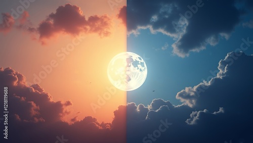 divided into two halves a different time of day half represents daytime warm sky orange pink hues fluffy clouds bright sun right half represents nighttime cool sky purple hues dark clouds  full moon