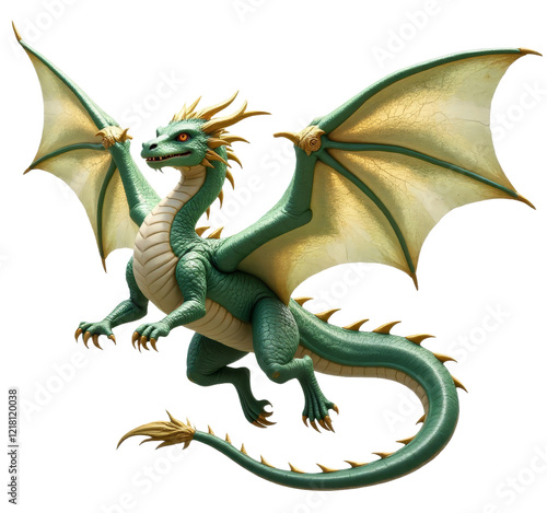 Green dragon with gold accents and transparent background