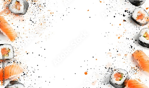 Salmon sushi border, white background, food photography, menu design