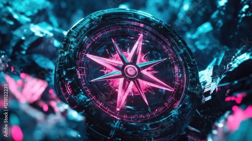 A futuristic compass design encased in crystal-like material, illuminated by sharp neon pink and aqua light, rotating slowly in an infinite reflective void photo