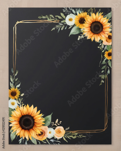 Wedding invitation featuring soft watercolor sunflower border.