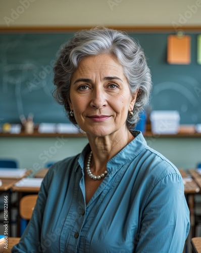 Latin old female teacher elementary classroom background portrait with copy space