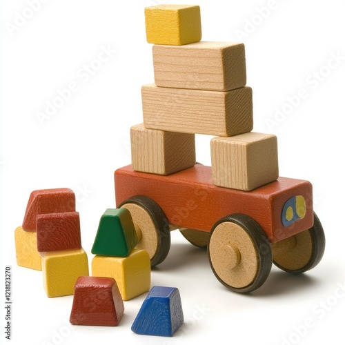 Wooden toy truck carrying blocks; isolated on white; child's play; educational toy photo