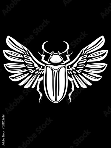 egyptian sacred Scarab wall art design. beetle with wings. Vector illustration white logo, personifying the god Khepri. Symbol of the ancient Egyptians. To be colored isolated on black background photo