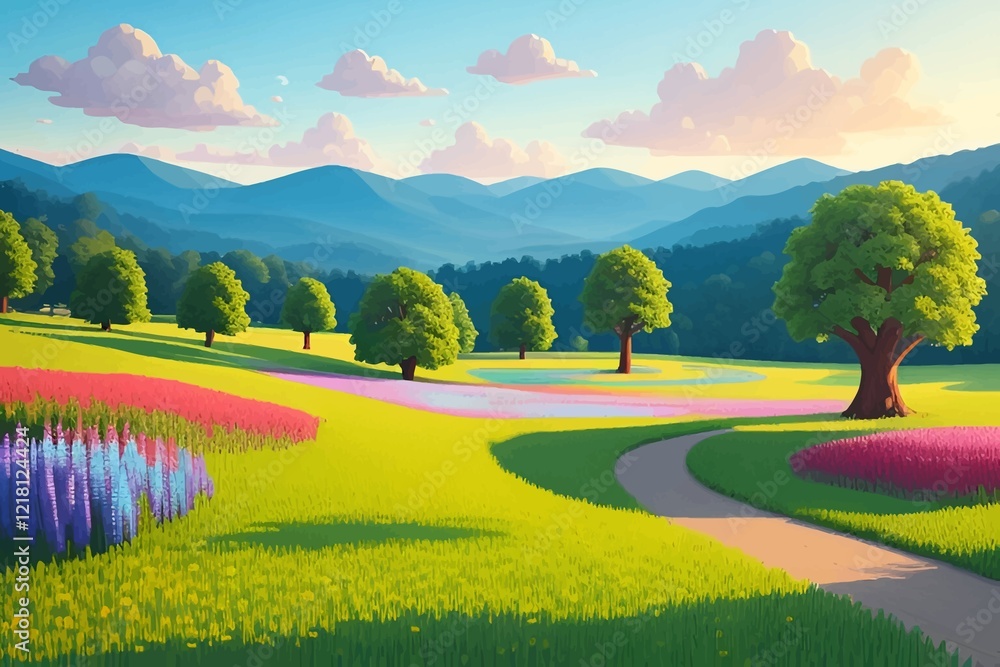 Obraz premium Beautiful and Peaceful Nature Scenery Illustration Landscape Countryside Tranquil Vibrant and Colorful