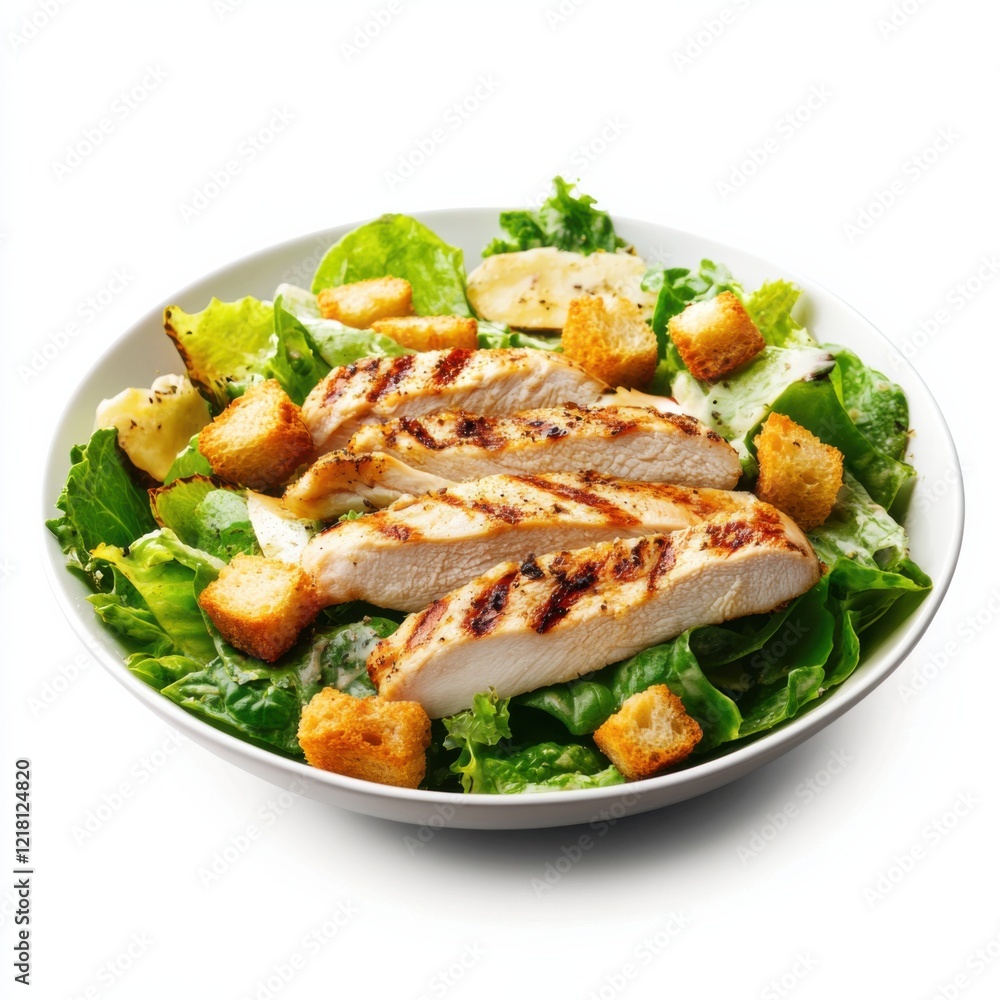 A classic Caesar salad with grilled chicken and croutons, isolated white background, hyperrealism art style A classic Caesar salad with grilled chicken and croutons, isolated white background, hyperrealism art style