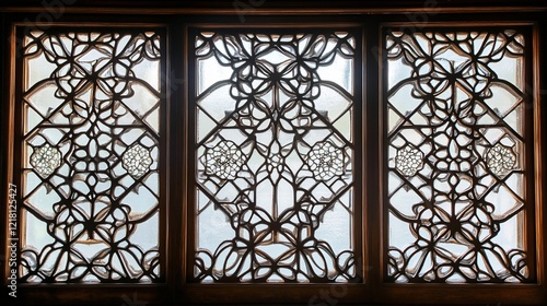 Intricate carved wooden window  geometric pattern  sunlight  interior  architectural detail