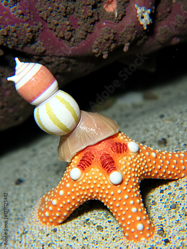 Parasitic Eulimid snail on a seastar. The snail lives and feeds on it.; Panglao Island, near Derawan Island, Borneo, Indonesia. photo