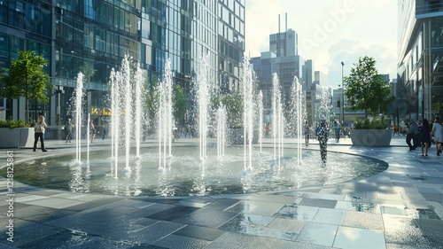 Fototapeta Naklejka Na Ścianę i Meble -  A modern city fountain in a public square with water jets, photorealistic urban scene
