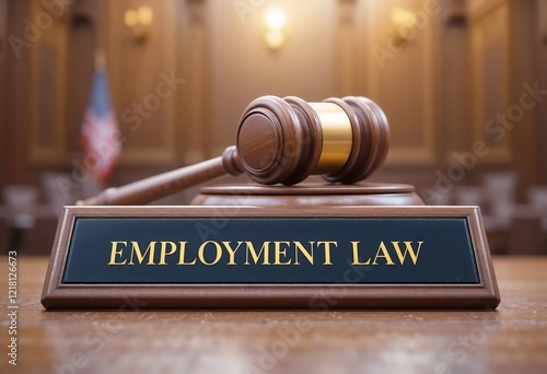 Close-up of a judge's gavel on a wooden desk with an 'Employment Law' sign in a courtroom setting. photo