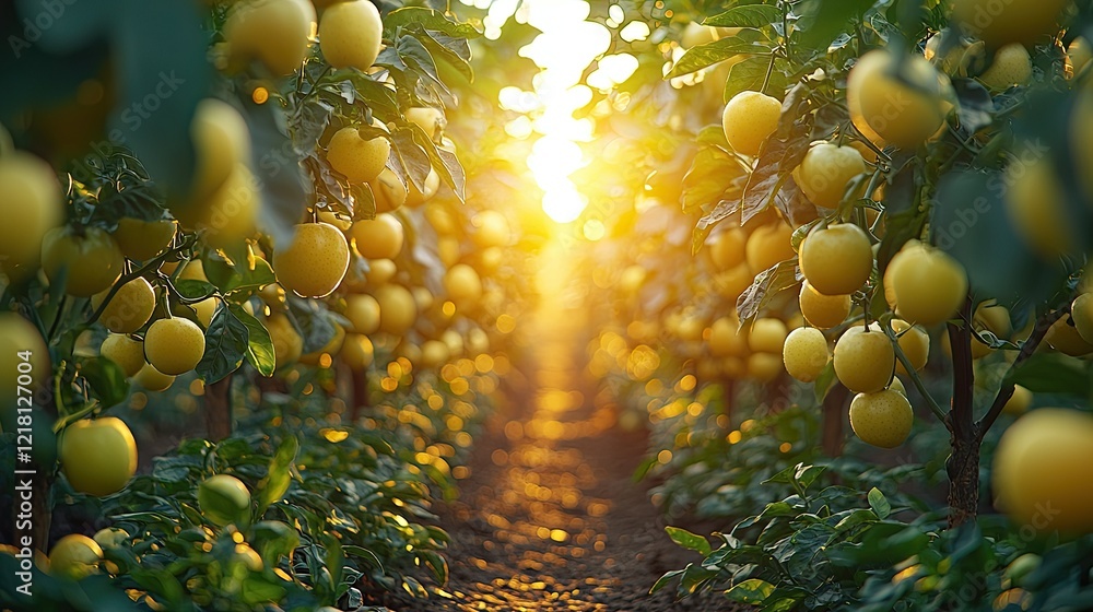 Golden Citrus Grove Bathed In Sunset Light Golden Citrus Grove Bathed In Sunset Light