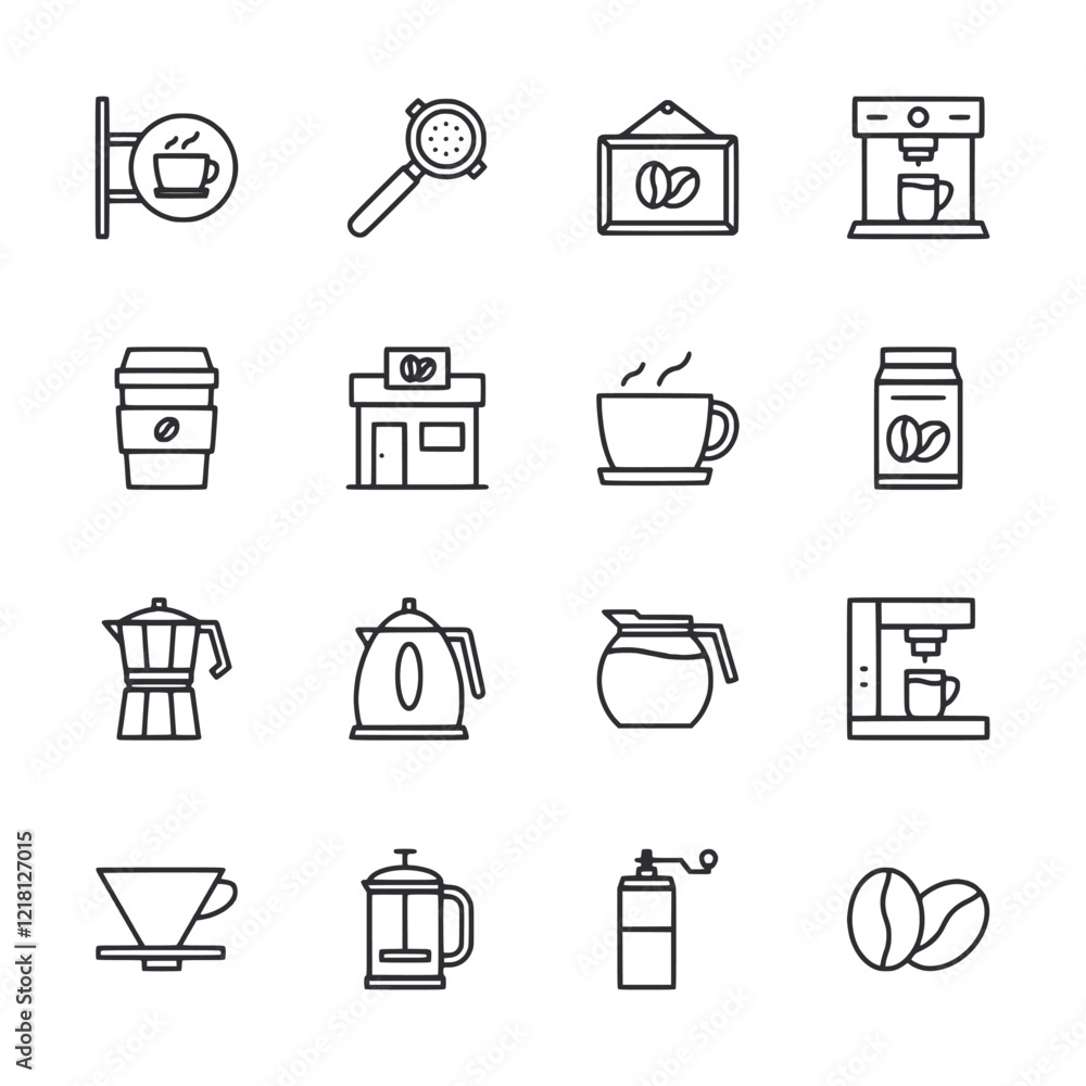 Coffee shop icons include a coffee maker, coffee cup, and a sign Coffee shop icons include a coffee maker, coffee cup, and a sign