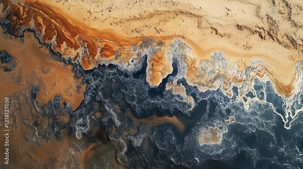 Aerial view of a coastline blending sand and water with vibrant colors. Aerial view of a coastline blending sand and water with vibrant colors.