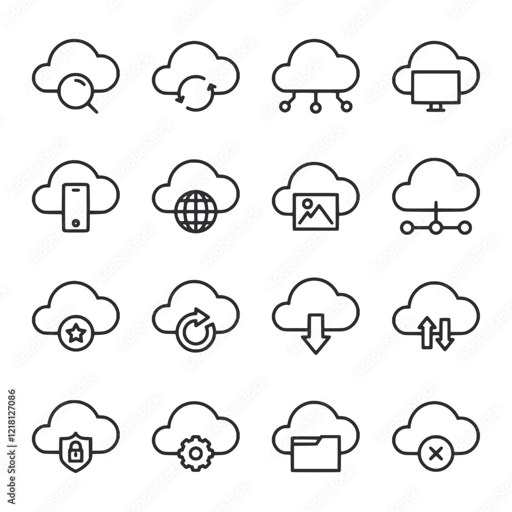 A collection of cloud icons, including a phone, a computer, and a TV A collection of cloud icons, including a phone, a computer, and a TV