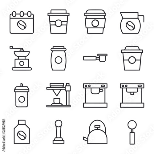 A set of coffee icons including a coffee maker, coffee cup, and coffee grinder