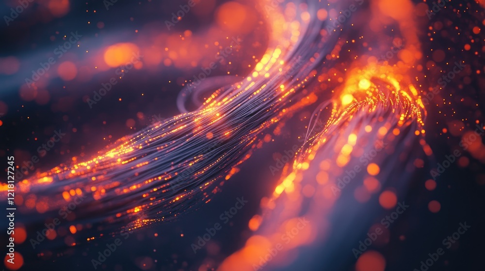 Fototapeta premium A high-tech digital composite of fiber optic cables glowing with data transmission, representing the speed and capacity of modern communication networks