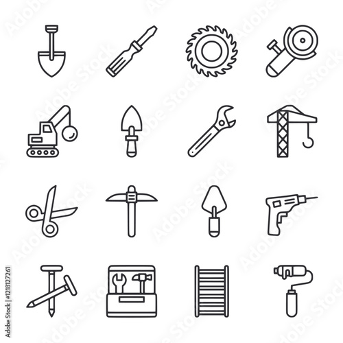 A set of tools and equipment, including a hammer, a saw, and a wrench