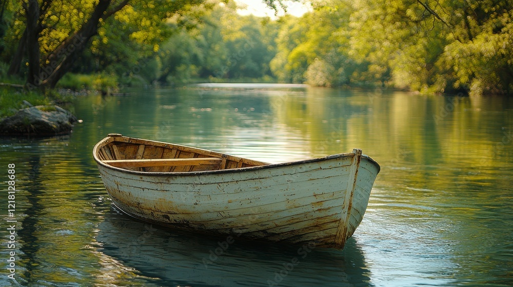 Serene river boat, tranquil forest, sunset. Ideal for travel brochures Serene river boat, tranquil forest, sunset. Ideal for travel brochures