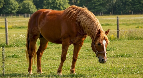 Chestnut Horse Grazing in Sunny Pasture Farm Animal Equine
