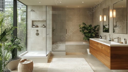 Wallpaper Mural Modern spa-like bathroom with natural light, wooden vanity, walk-in shower, and bathtub. Torontodigital.ca