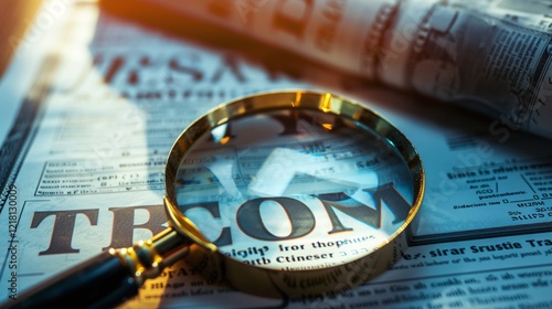 Close up View of Magnifying Glass Focused on Financial Newspaper or Document Representing Research Data Analysis and Investigative Journalism