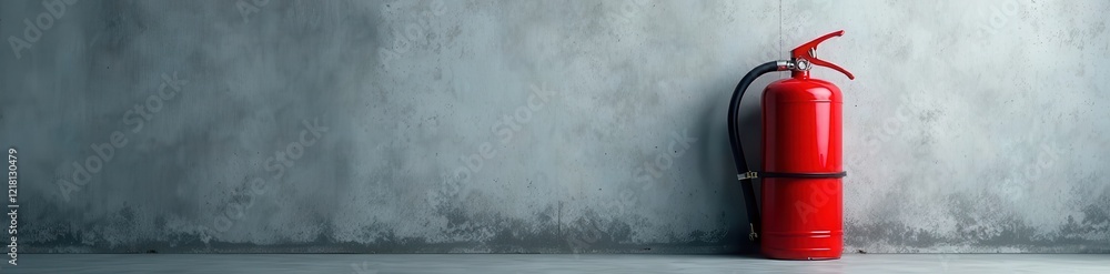 Close-up view of fire extinguisher against a textured gray wall, fire suppression system, spray Close-up view of fire extinguisher against a textured gray wall, fire suppression system, spray