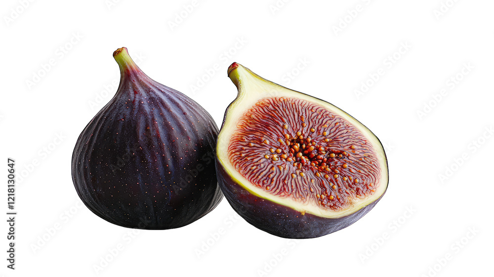 Fresh fig halves, whole and sliced, on dark background Fresh fig halves, whole and sliced, on dark background