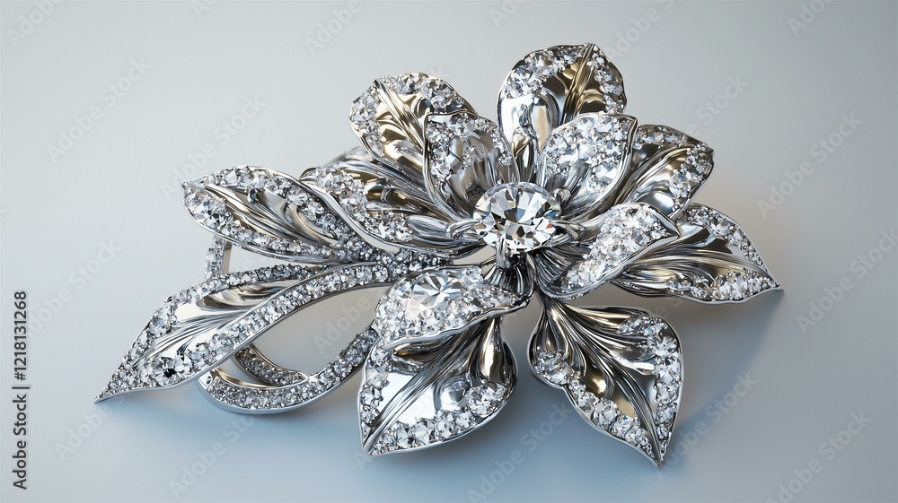 A photorealistic image of a stunning diamond brooch in a floral design with platinum accents
A photorealistic image of a stunning diamond brooch in a floral design with platinum accents