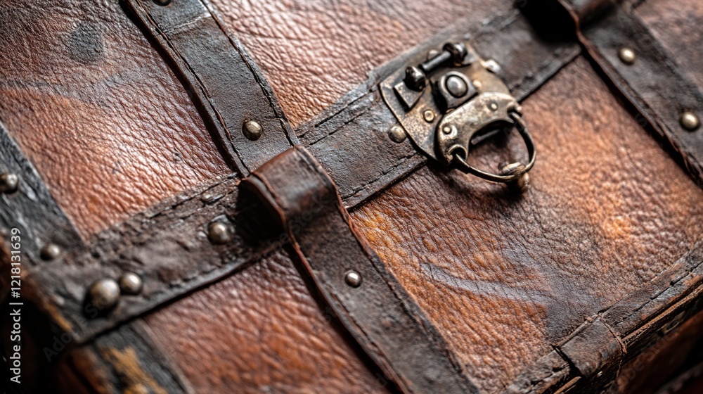 Antique leather trunk, close-up, rustic background, storage Antique leather trunk, close-up, rustic background, storage