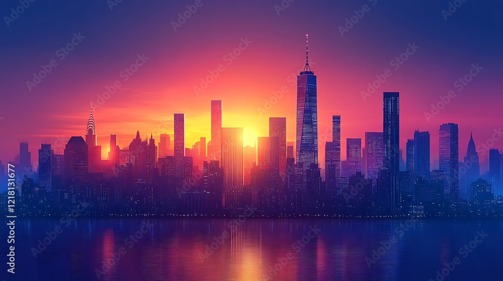 Fototapeta premium Vibrant City Skyline at Sunrise Over Water