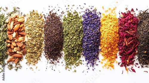 Fototapeta Naklejka Na Ścianę i Meble -  Colorful herb and spice blend rows on white background, food photography, recipe ingredient