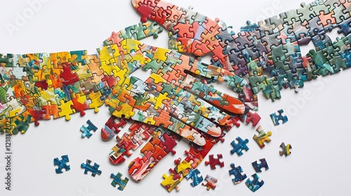Vibrant jigsaw puzzle pieces scattered and arranged in a colorful abstract mosaic pattern representing diversity connection and the creative process of problem solving and innovation