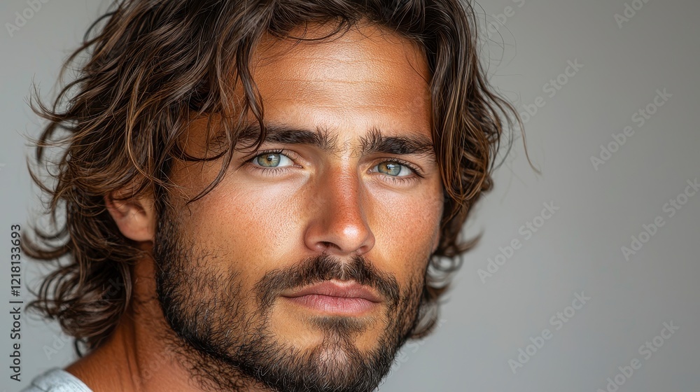 Handsome man portrait, studio shot, grey background, model posing Handsome man portrait, studio shot, grey background, model posing