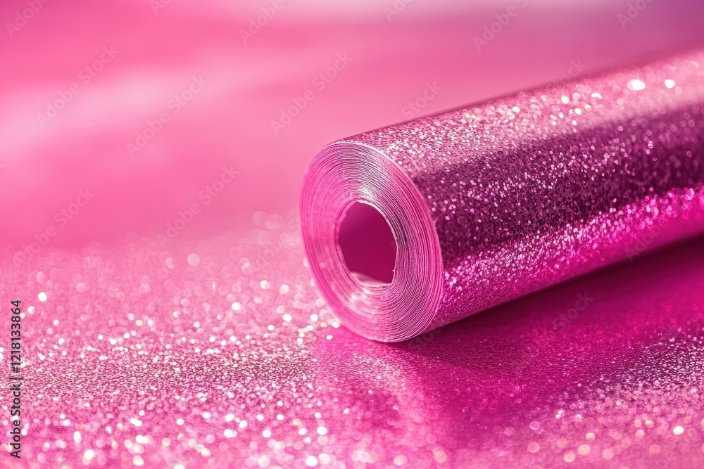 Pink glitter roll on sparkly surface. Ideal for crafting, party supplies, or festive backgrounds. Pink glitter roll on sparkly surface. Ideal for crafting, party supplies, or festive backgrounds.