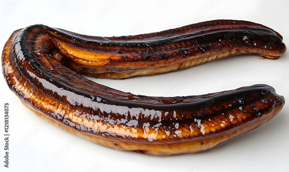 Grilled eel, glazed, studio, white background, food photography Grilled eel, glazed, studio, white background, food photography