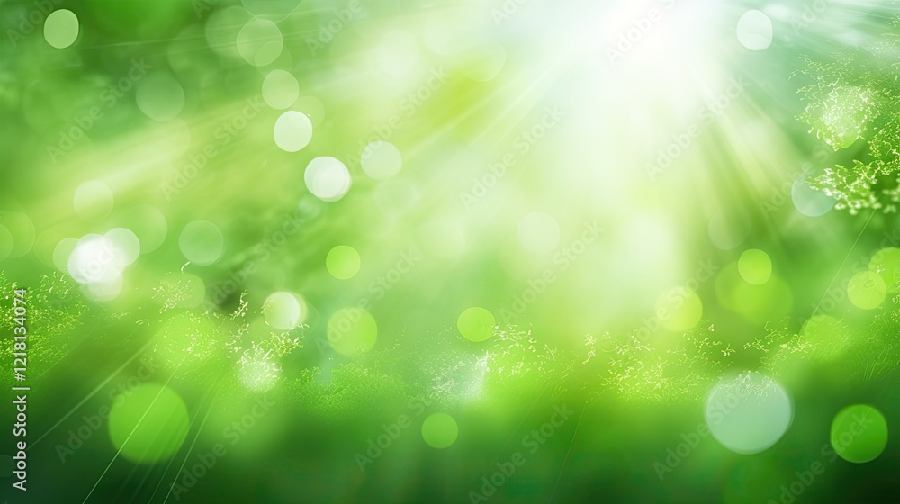 Fototapeta premium A bright, ethereal green background with soft bokeh effects and light rays.